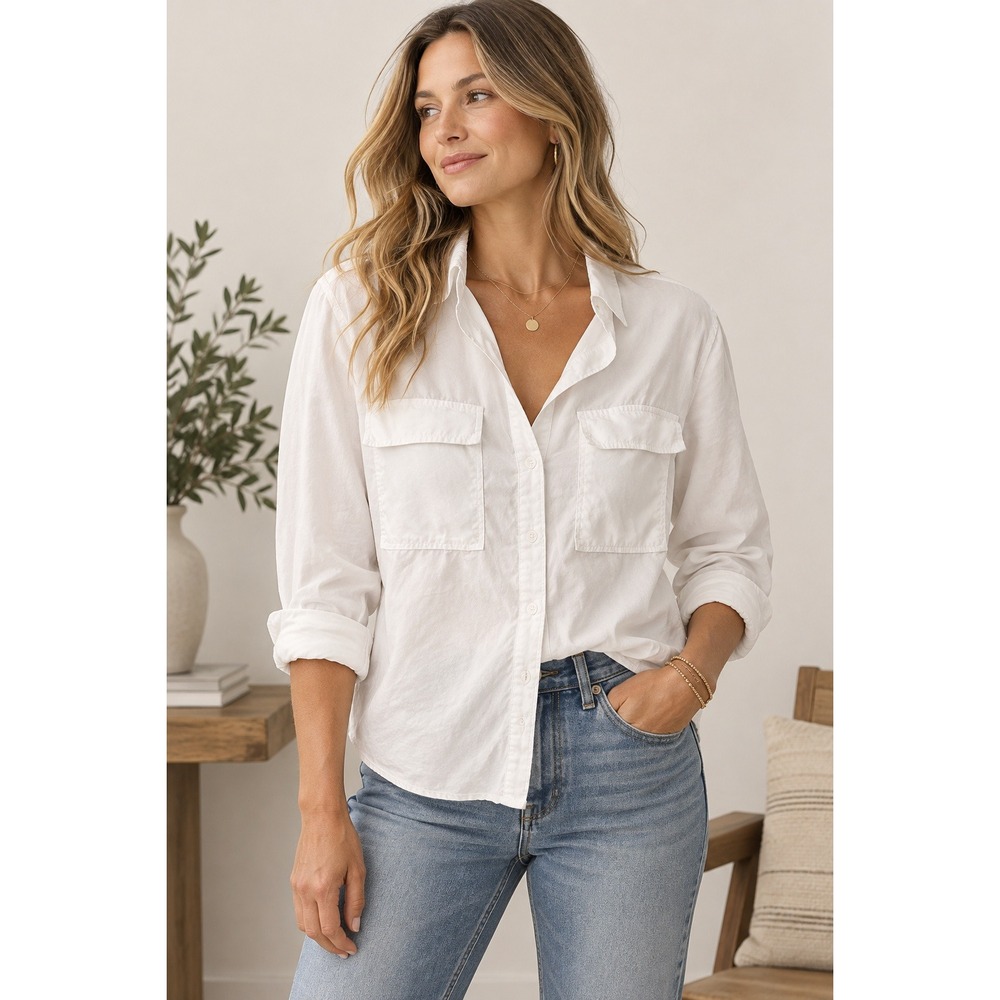 Evereve White Lyocell Button Down Shirt Utility Pocket Long Sleeve Blouse- XL
